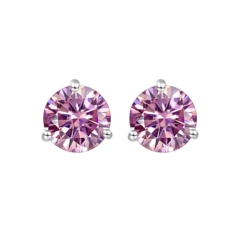 Colored Three-Prong Moissanite Stud Earrings in Sterling Silver — Pink