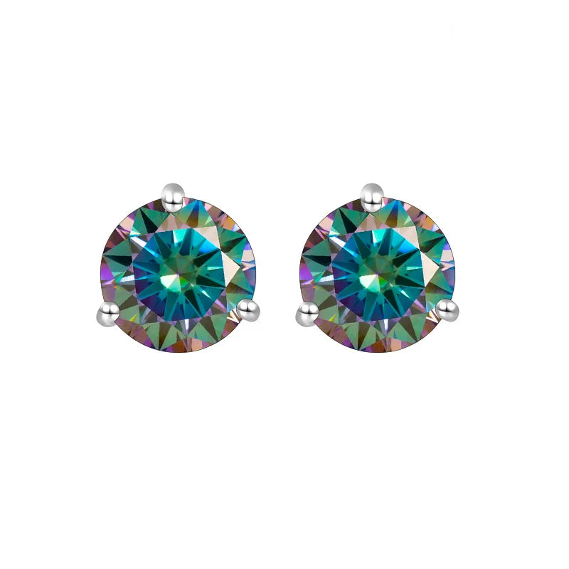 Colored Three-Prong Moissanite Stud Earrings in Sterling Silver — Multicolor green