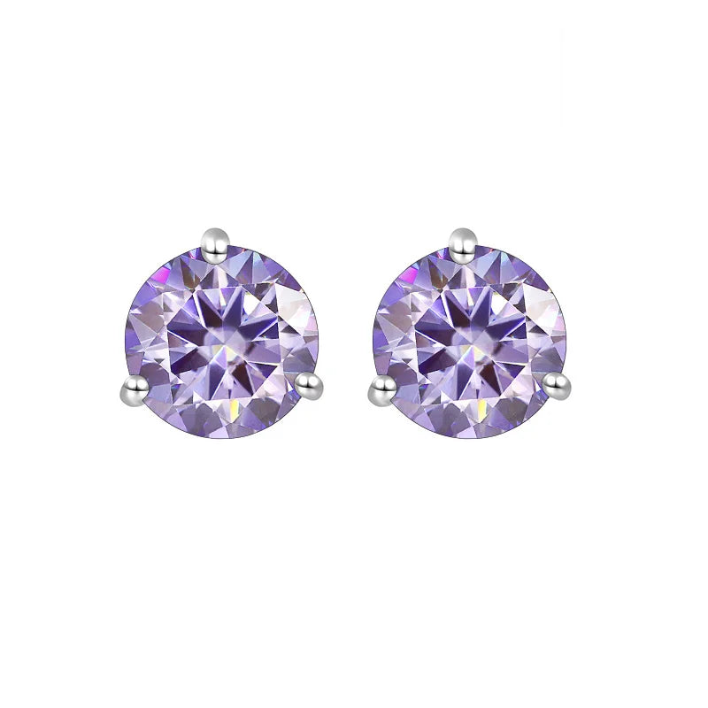 Colored Three-Prong Moissanite Stud Earrings in Sterling Silver — Light purple