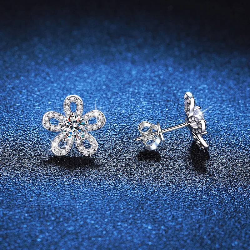Five-Petal Flower Moissanite Stud Earrings in Silver — Flower posts and backs