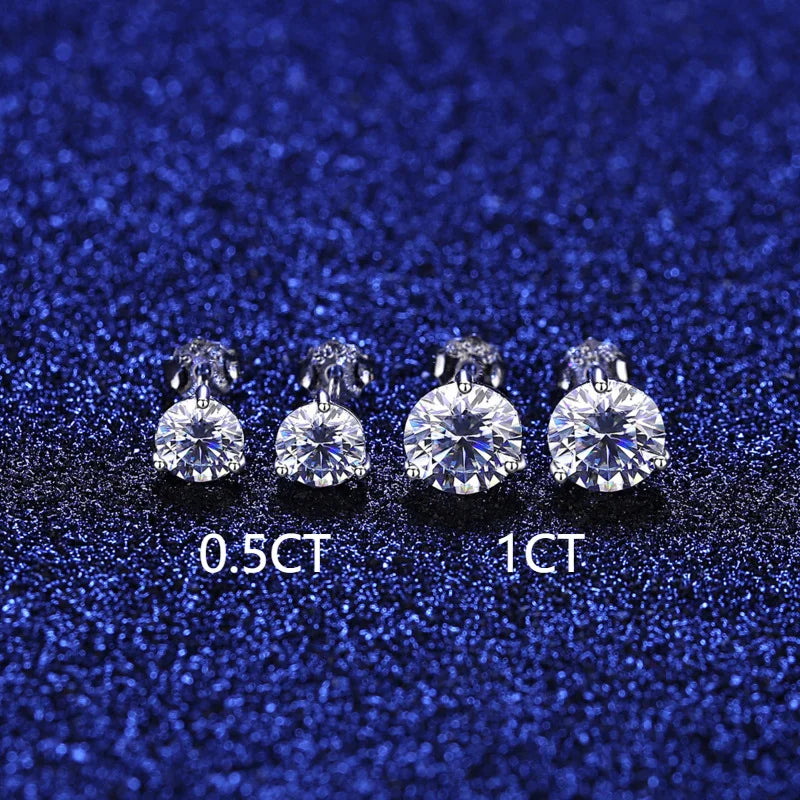 Colored Three-Prong Moissanite Stud Earrings in Sterling Silver — Stone-size comparison