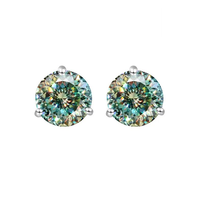 Colored Three-Prong Moissanite Stud Earrings in Sterling Silver — Green 100-facet cut