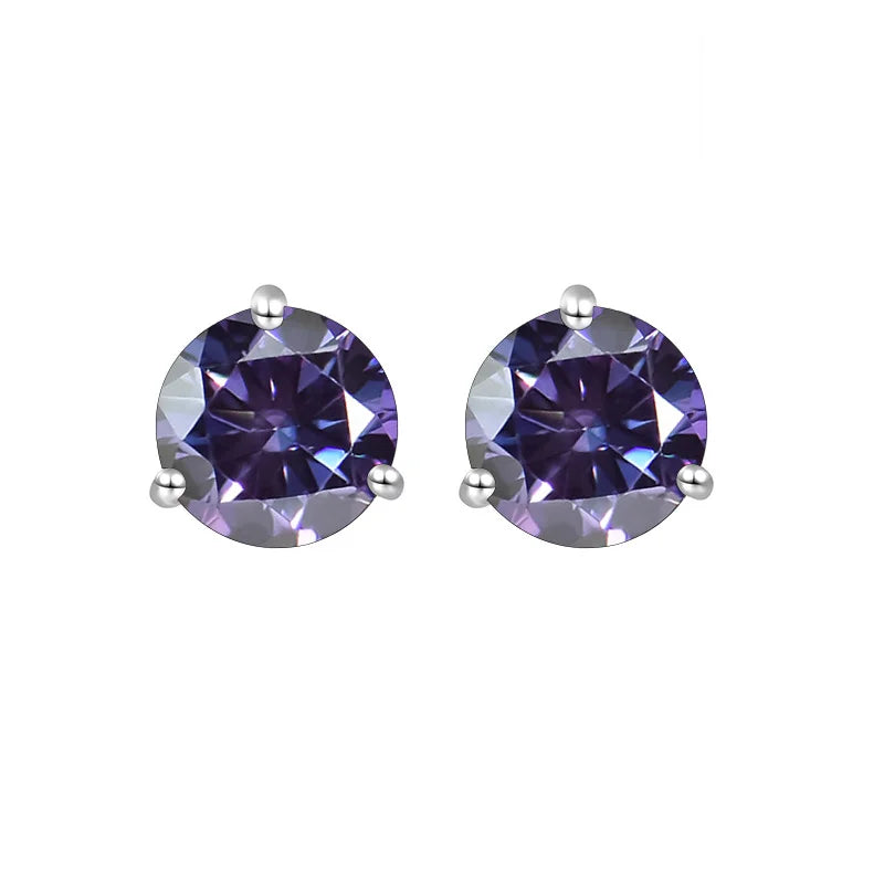 Colored Three-Prong Moissanite Stud Earrings in Sterling Silver — Violet