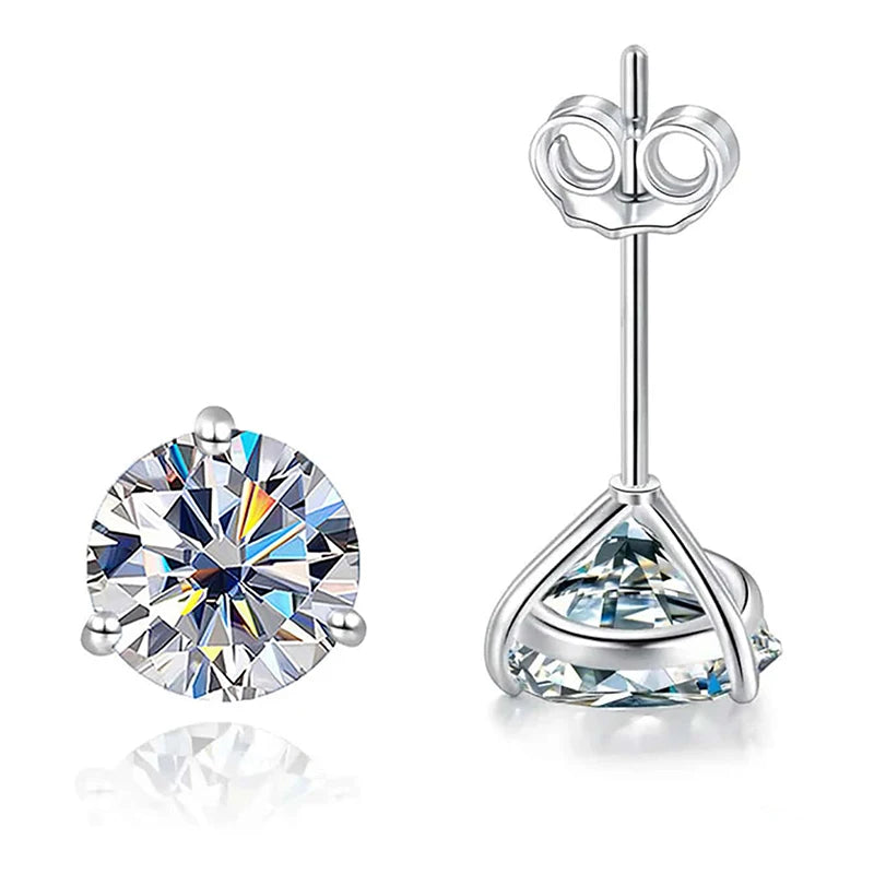 Colored Three-Prong Moissanite Stud Earrings in Sterling Silver — White front and back