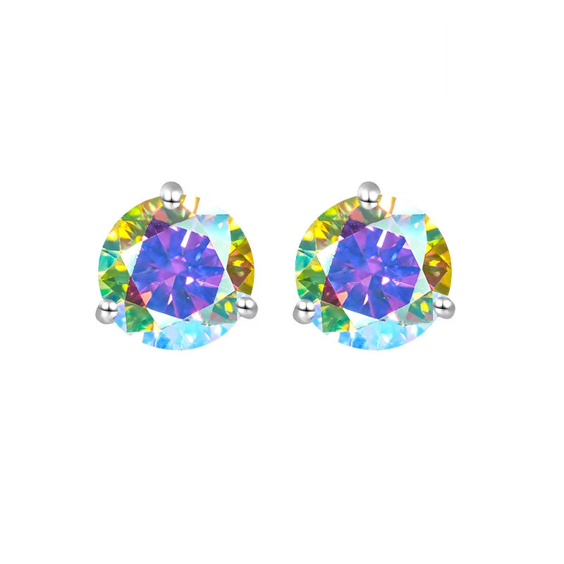 Colored Three-Prong Moissanite Stud Earrings in Sterling Silver — Multicolor AB