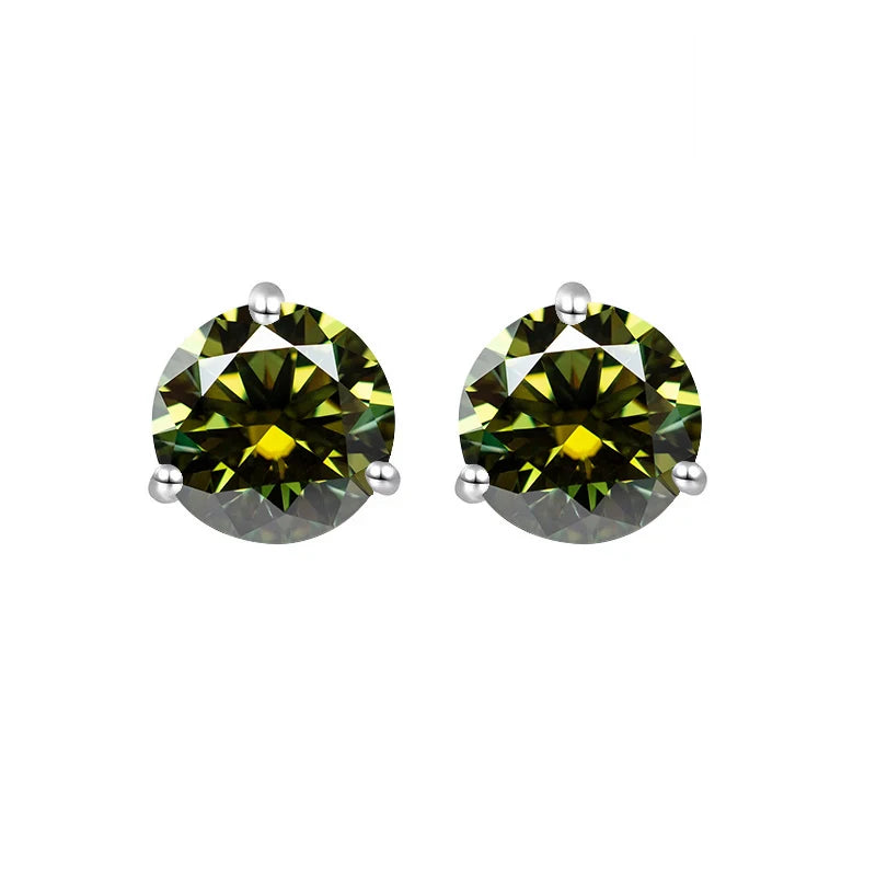 Colored Three-Prong Moissanite Stud Earrings in Sterling Silver — Yellow green