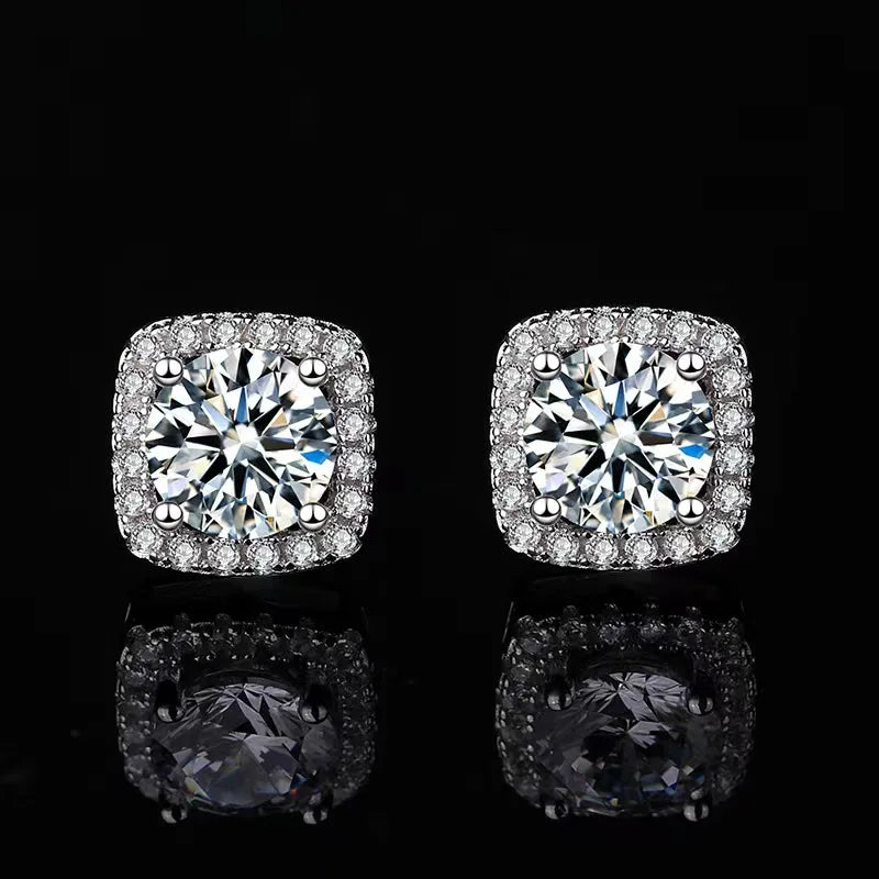 Cushion Halo Moissanite Stud Earrings in 925 Sterling Silver — Front pair