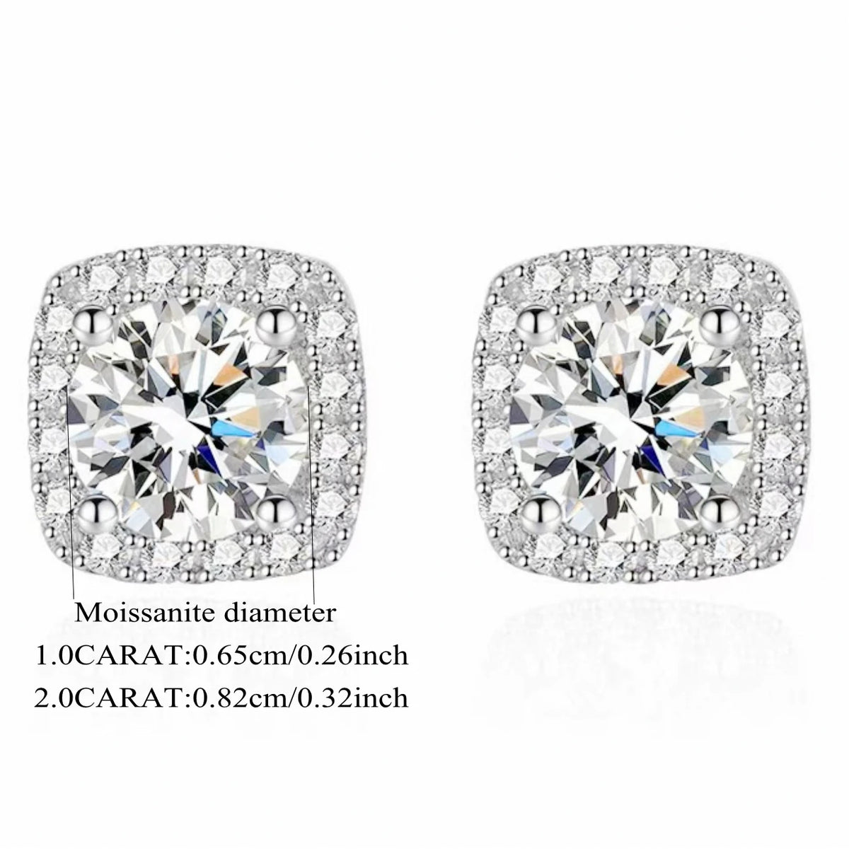 Cushion Halo Moissanite Stud Earrings in 925 Sterling Silver — Center-stone size guide