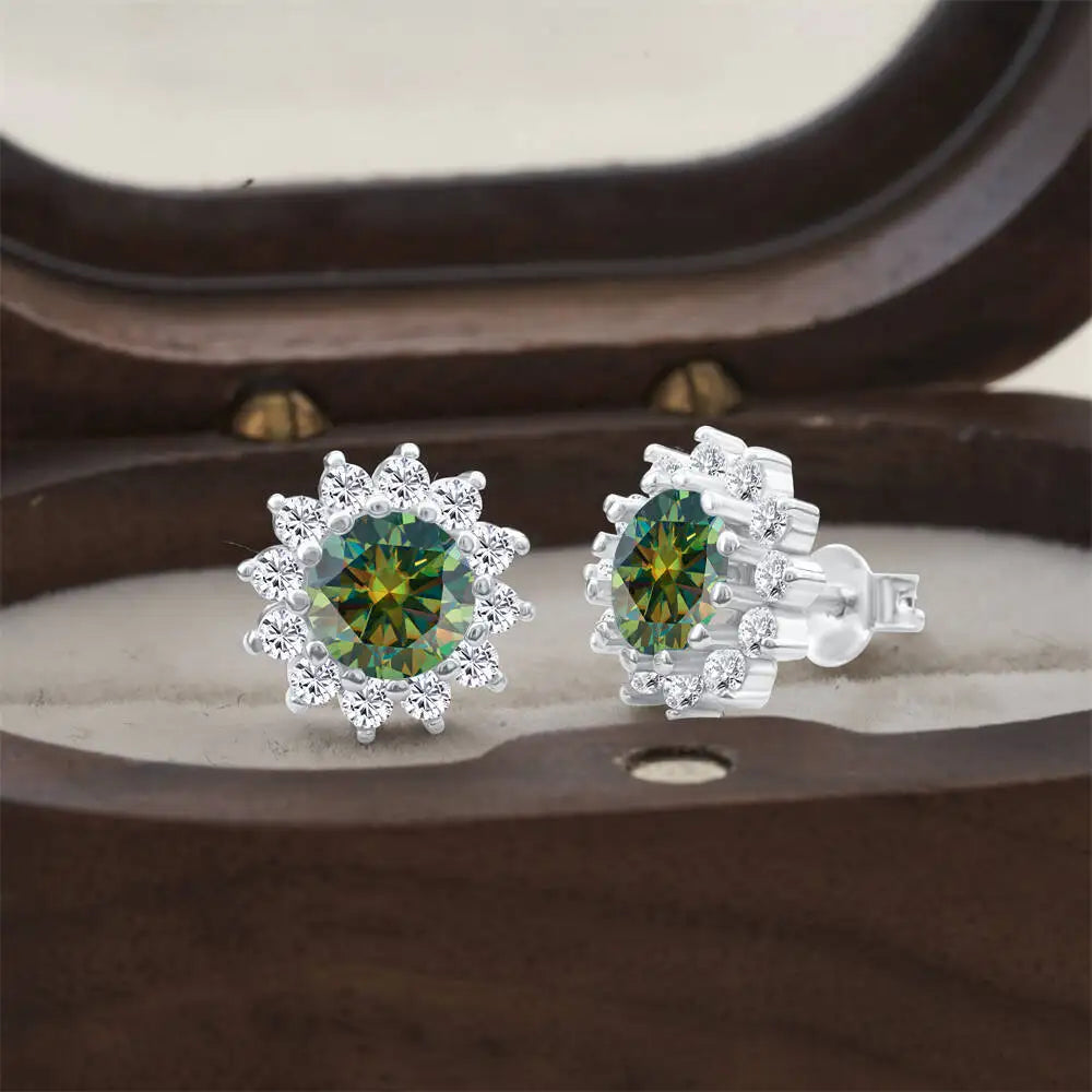 Moissanite Sunburst Halo Stud Earrings in Sterling Silver — Dark Green — BandsCo Straps