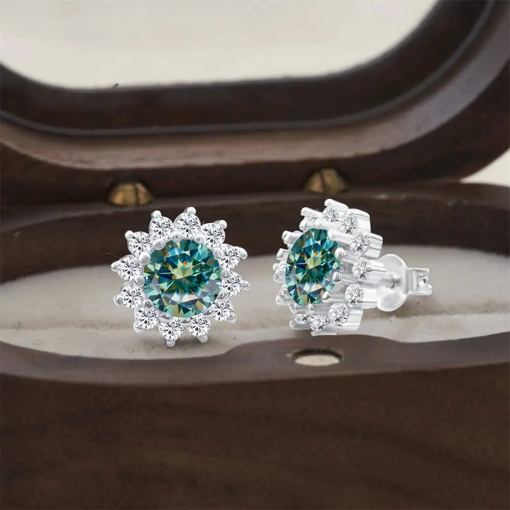 Moissanite Sunburst Halo Stud Earrings in Sterling Silver — Blue Green — BandsCo Straps