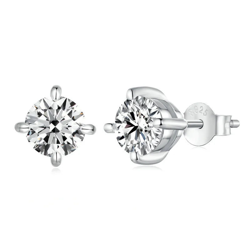 Round Moissanite Push-Back Stud Earrings in Sterling Silver - silver 1 ct option