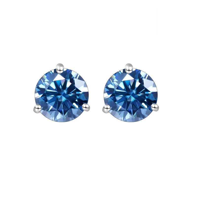 Colored Three-Prong Moissanite Stud Earrings in Sterling Silver — Royal blue