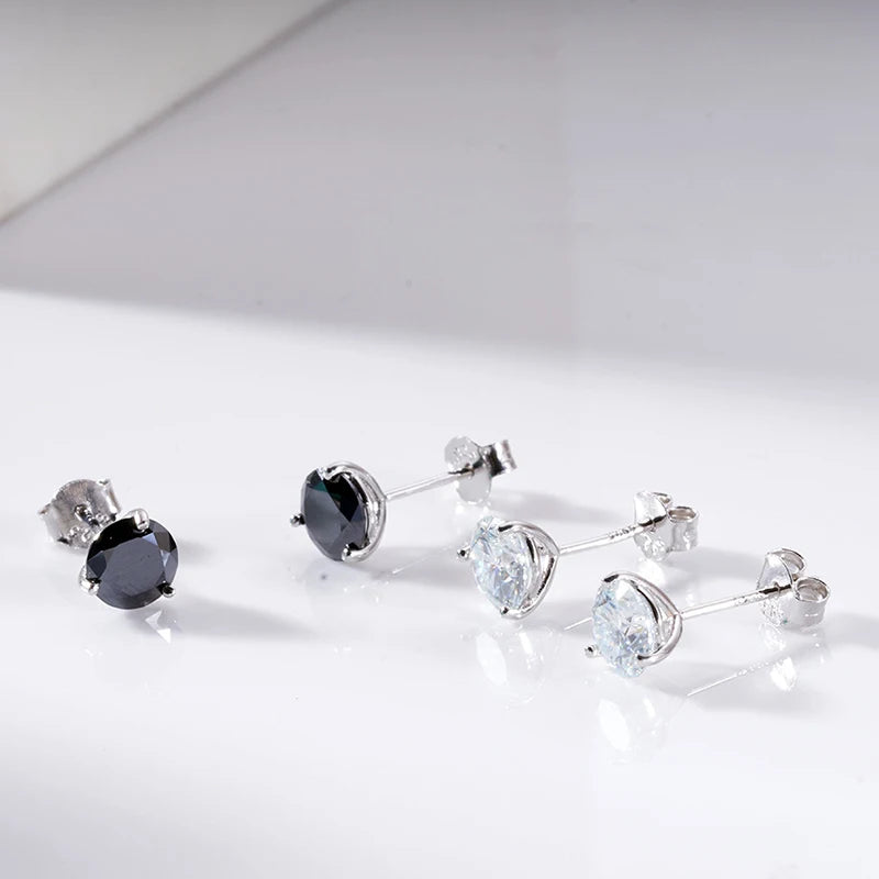 Colored Three-Prong Moissanite Stud Earrings in Sterling Silver — Black and white comparison
