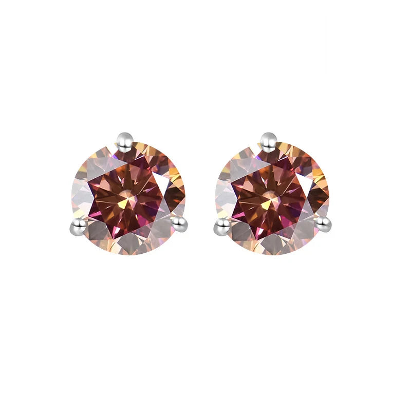Colored Three-Prong Moissanite Stud Earrings in Sterling Silver — Orange red