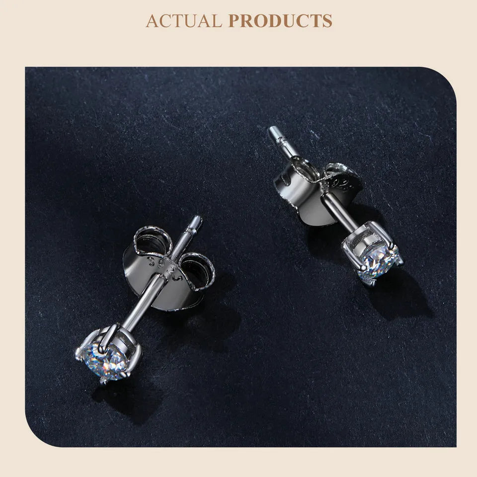 Round Moissanite Push-Back Stud Earrings in Sterling Silver - post and backing close-up