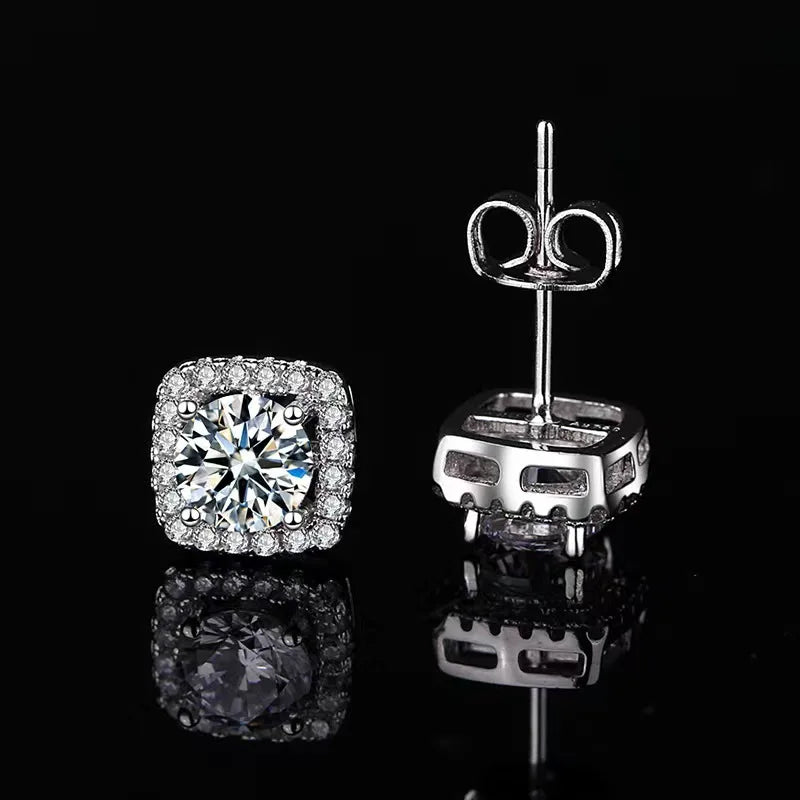 Cushion Halo Moissanite Stud Earrings in 925 Sterling Silver — Post and setting back