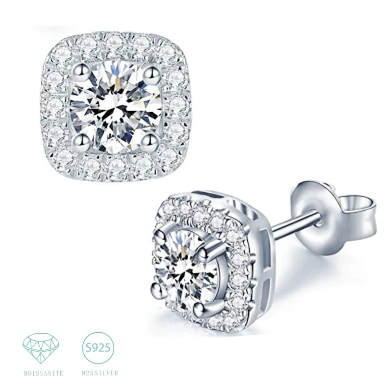 Cushion Halo Moissanite Stud Earrings in 925 Sterling Silver — Front and side