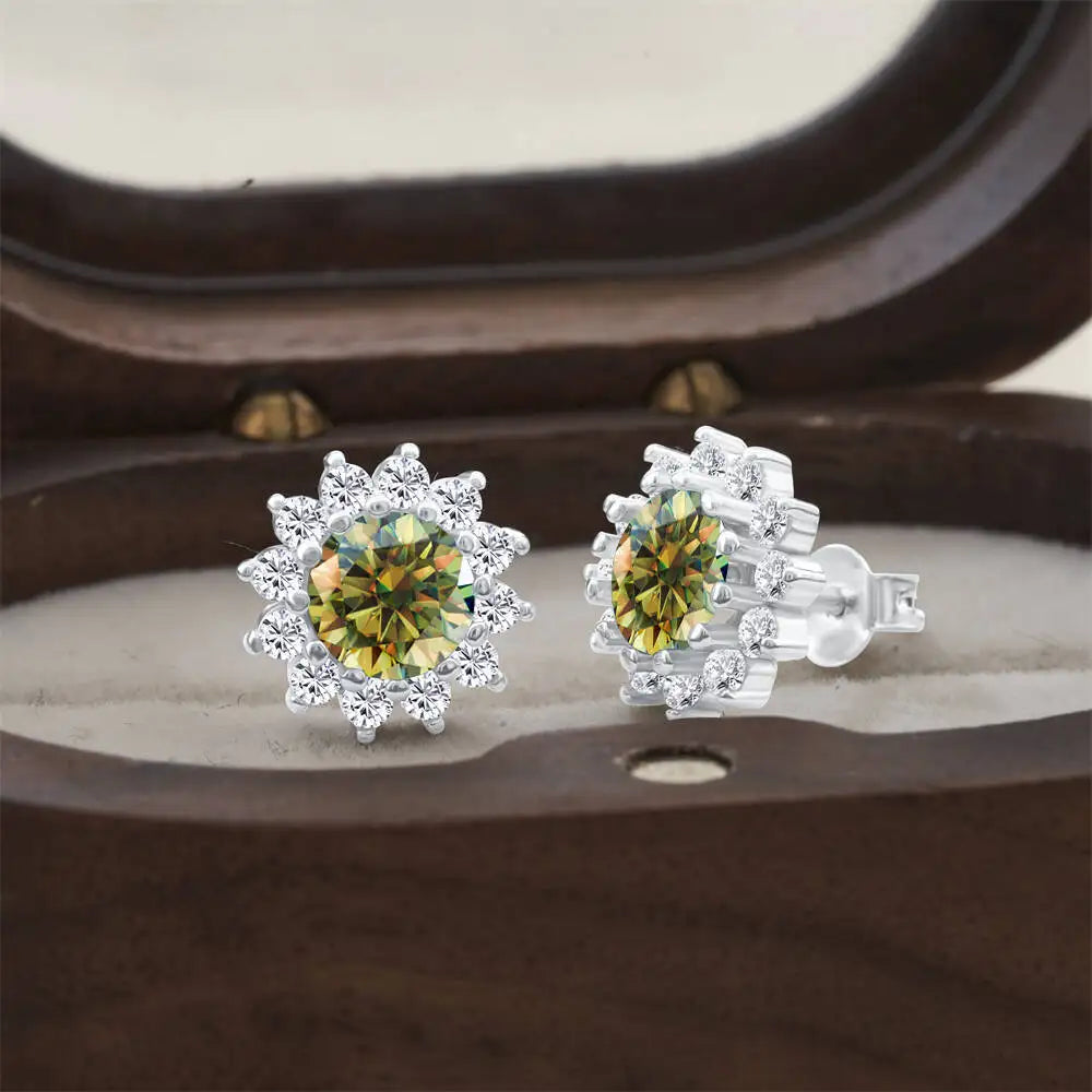 Moissanite Sunburst Halo Stud Earrings in Sterling Silver — Yellow Green — BandsCo Straps