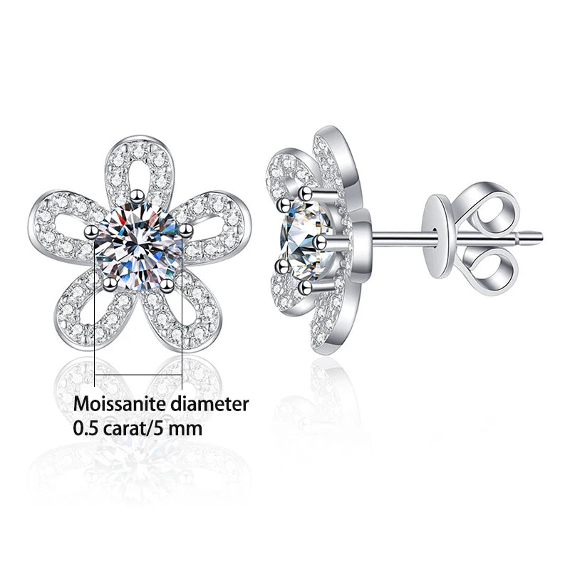 Five-Petal Flower Moissanite Stud Earrings in Silver — Center stone size diagram