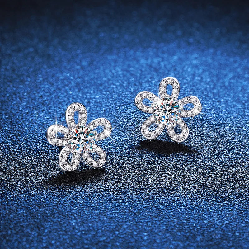 Five-Petal Flower Moissanite Stud Earrings in Silver — Angled flower pair