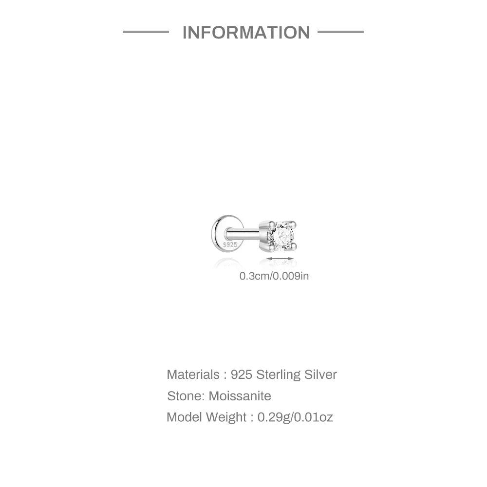 Moissanite Single Earrings in Sterling Silver - Small solitaire dimensions
