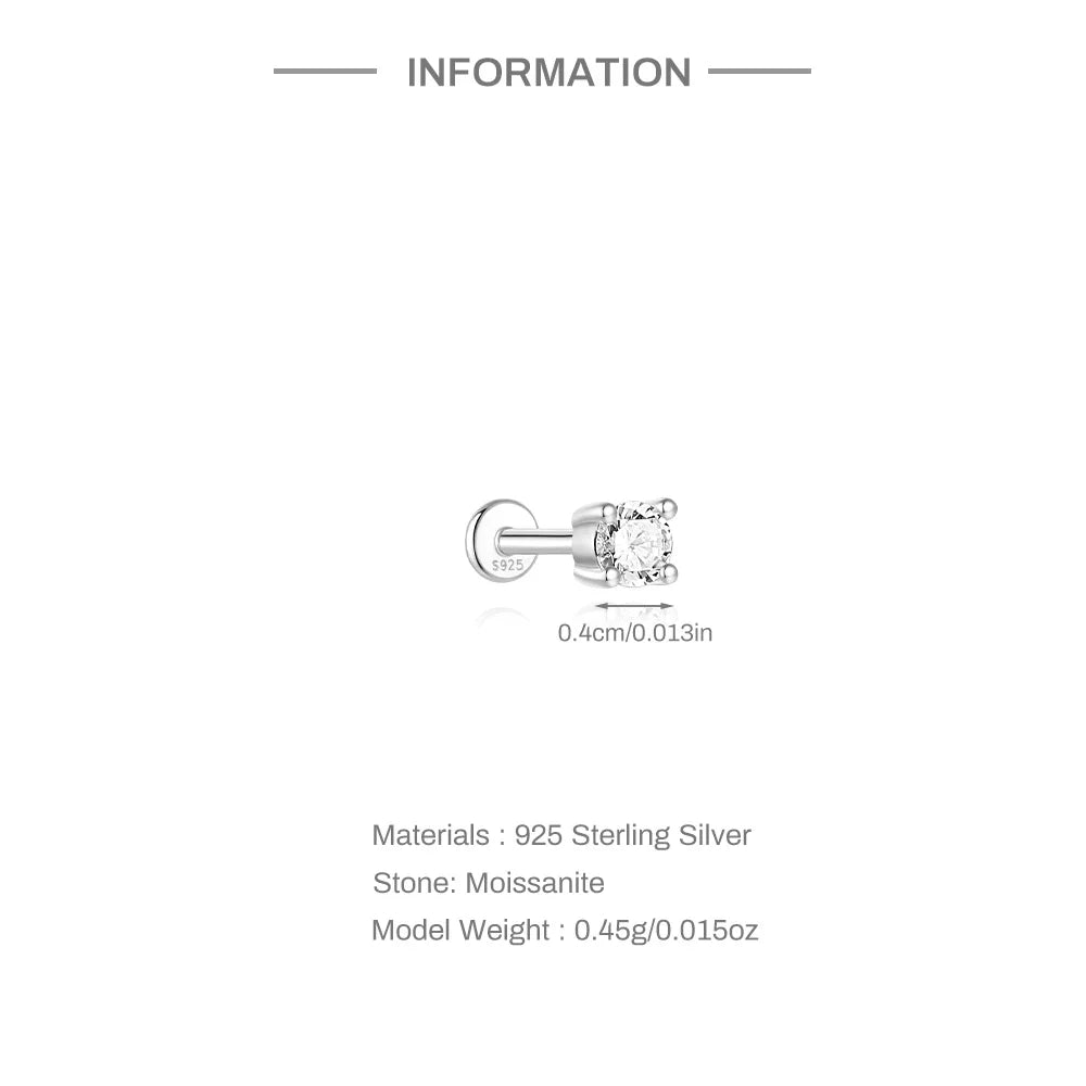 Moissanite Single Earrings in Sterling Silver - Round stud dimensions