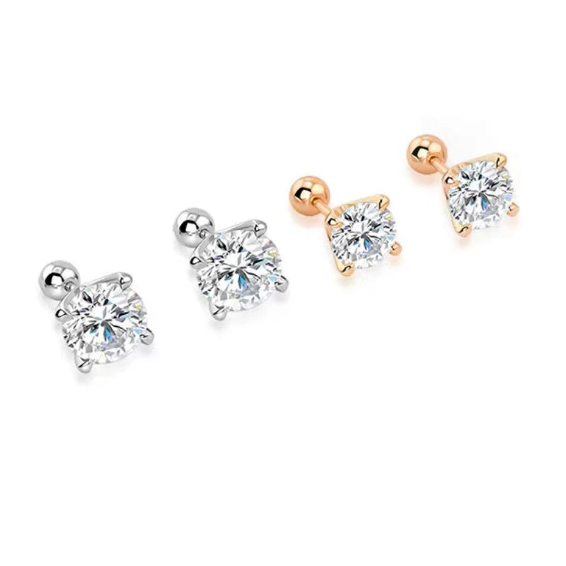 Four-Prong Moissanite Stud Earrings with Screw Ball Backs - Round stone stud fronts