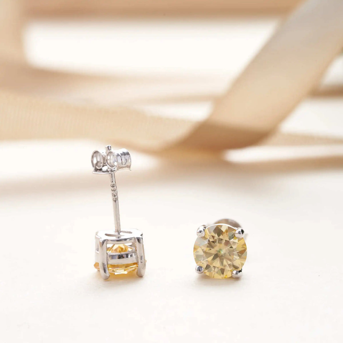 Lemon Yellow Moissanite Stud Earrings in Sterling Silver — Post and butterfly back