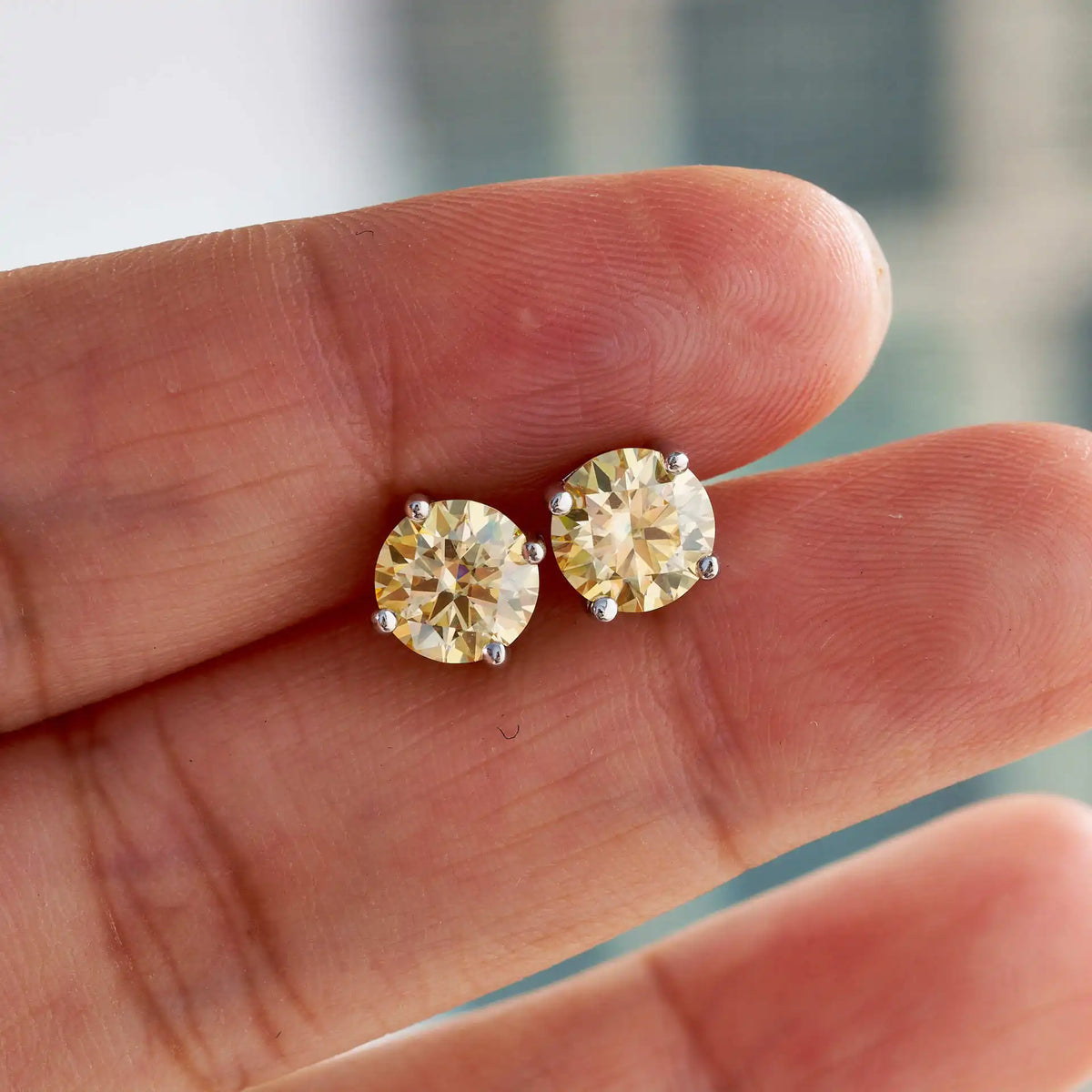 Lemon Yellow Moissanite Stud Earrings in Sterling Silver — Pair on hand