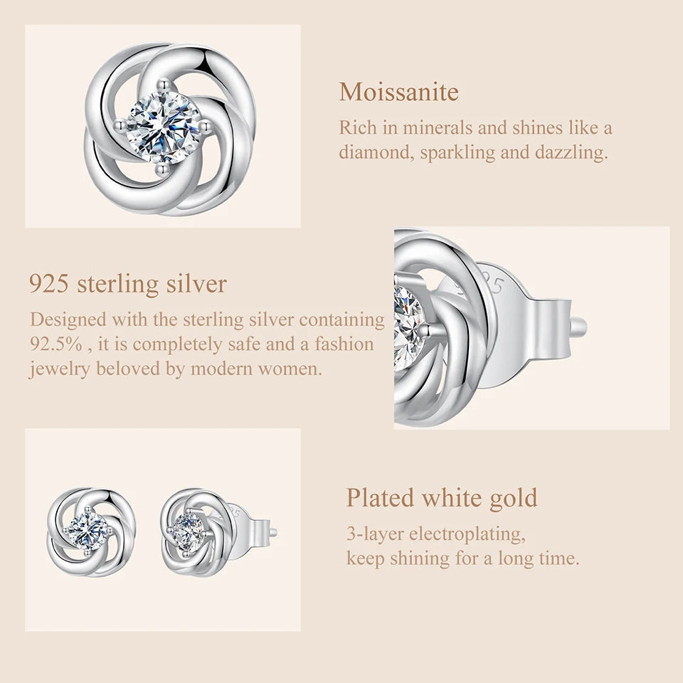 Moissanite Clover Knot Stud Earrings in Sterling Silver — Silver setting and stone details — BandsCo Straps