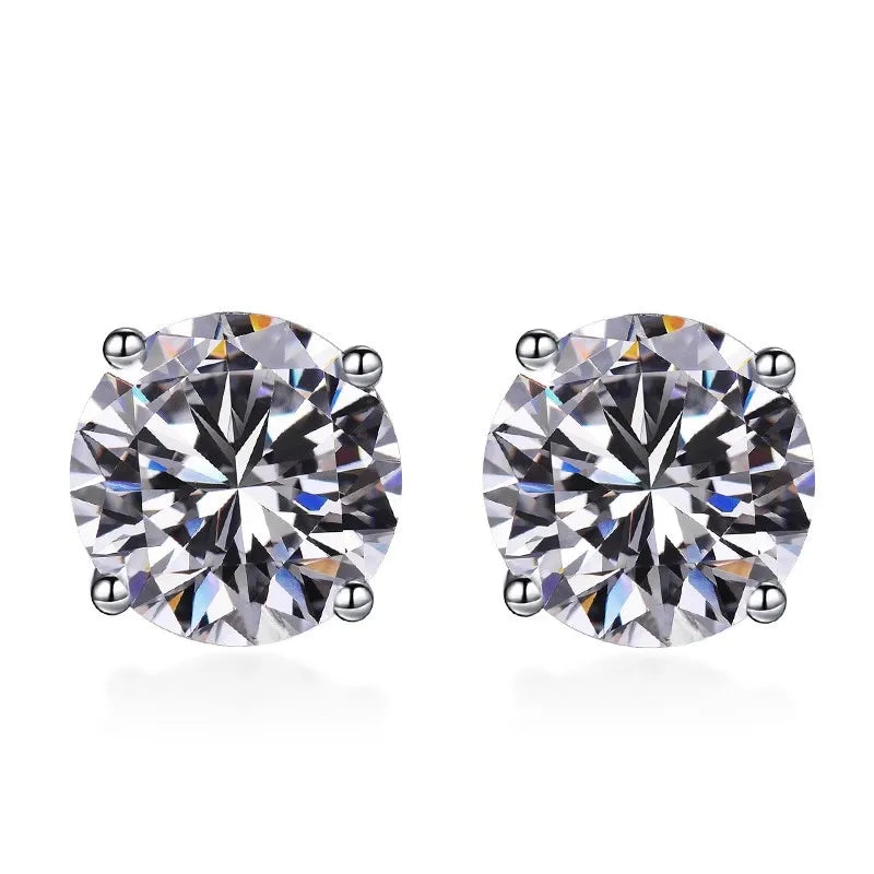 Colored Four-Prong Moissanite Stud Earrings in Sterling Silver — White four-prong fronts