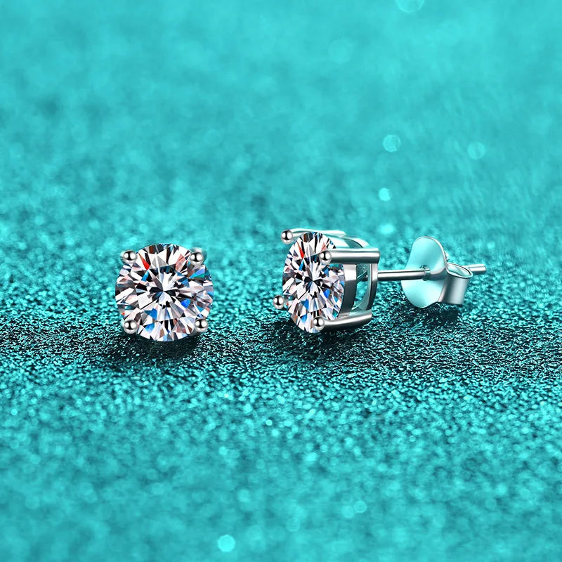 Colored Four-Prong Moissanite Stud Earrings in Sterling Silver — White front and side