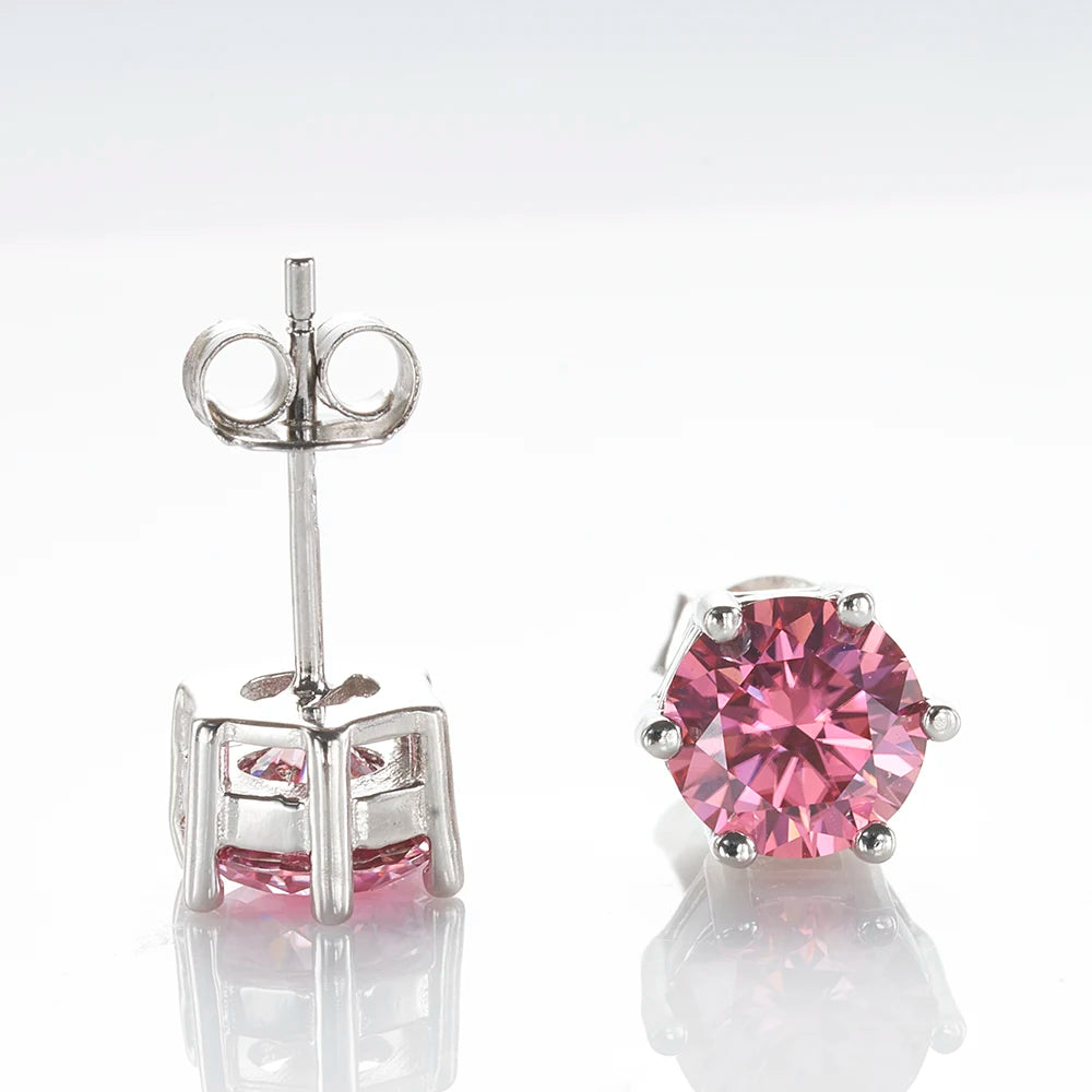 Colored Six-Prong Moissanite Stud Earrings in Sterling Silver — Pink butterfly backs
