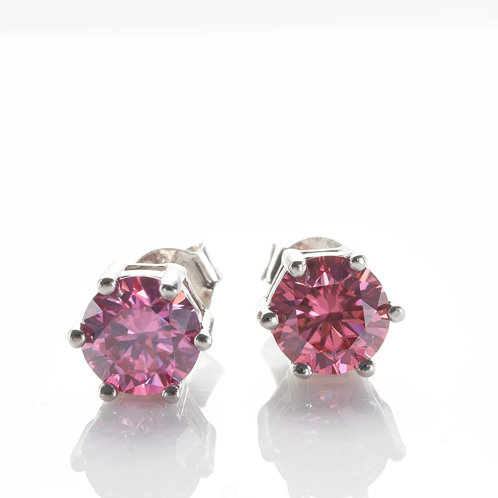 Colored Six-Prong Moissanite Stud Earrings in Sterling Silver — Pink pair