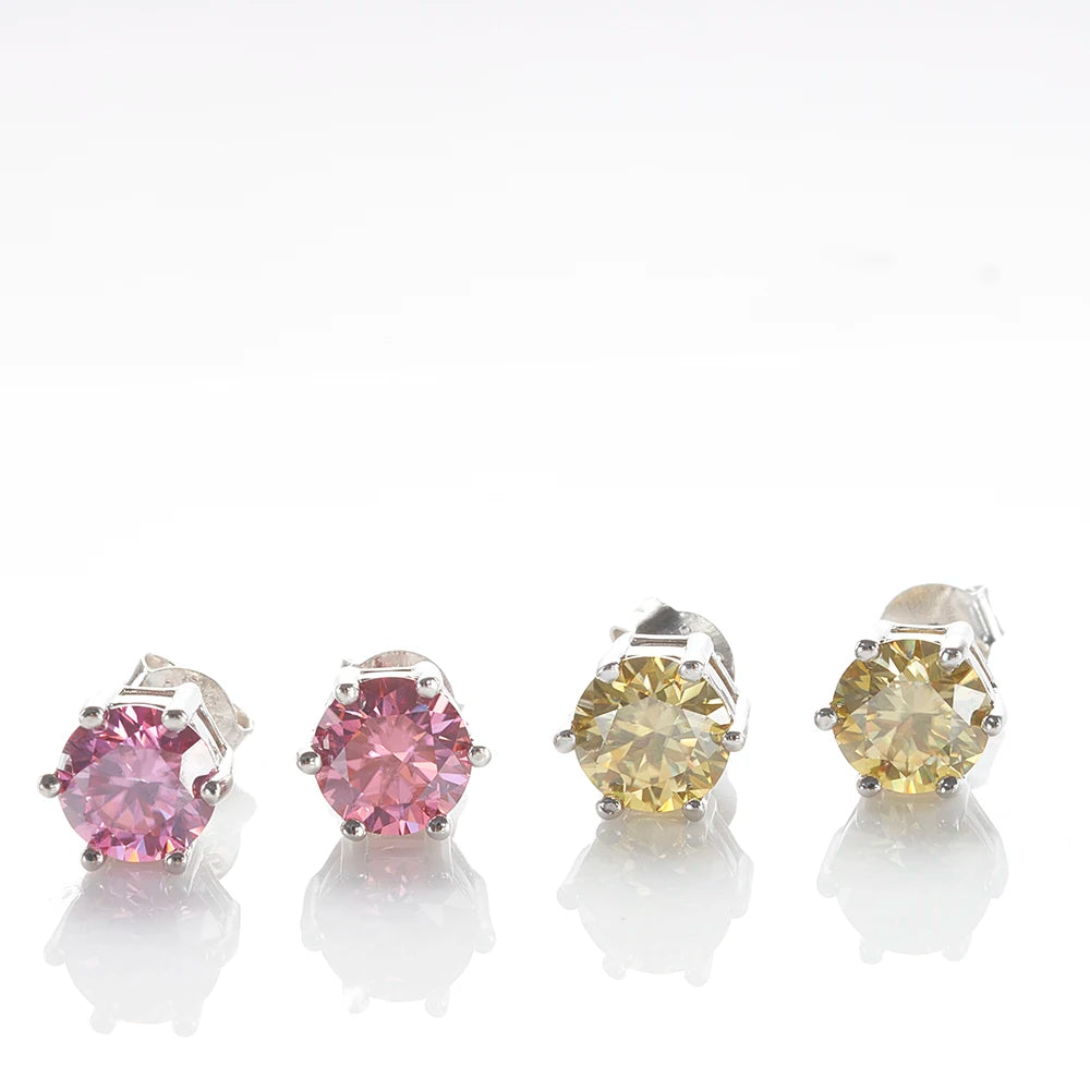 Colored Six-Prong Moissanite Stud Earrings in Sterling Silver — Pink and yellow styles