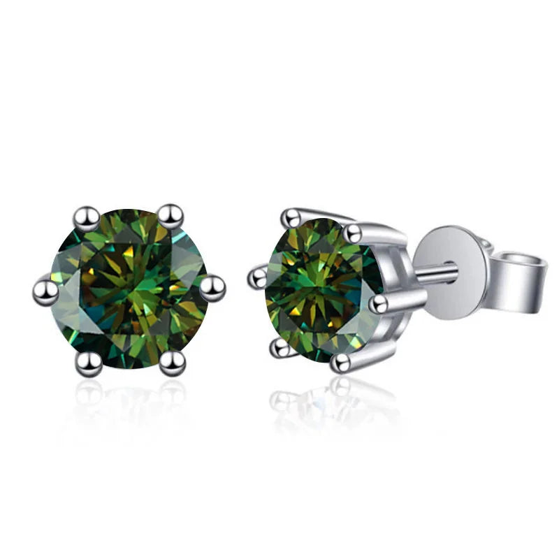 Colored Six-Prong Moissanite Stud Earrings in Sterling Silver — Dark green