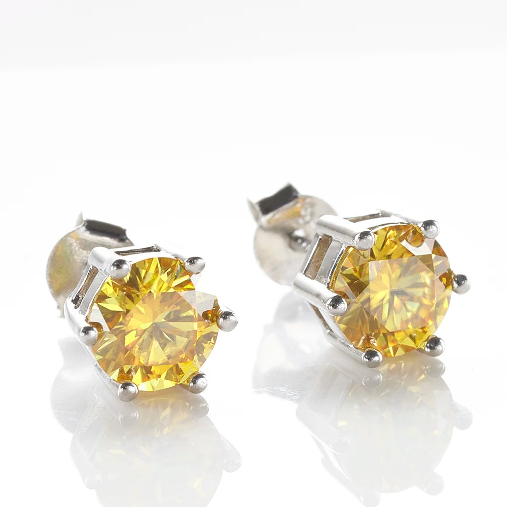 Colored Six-Prong Moissanite Stud Earrings in Sterling Silver — Golden yellow front view