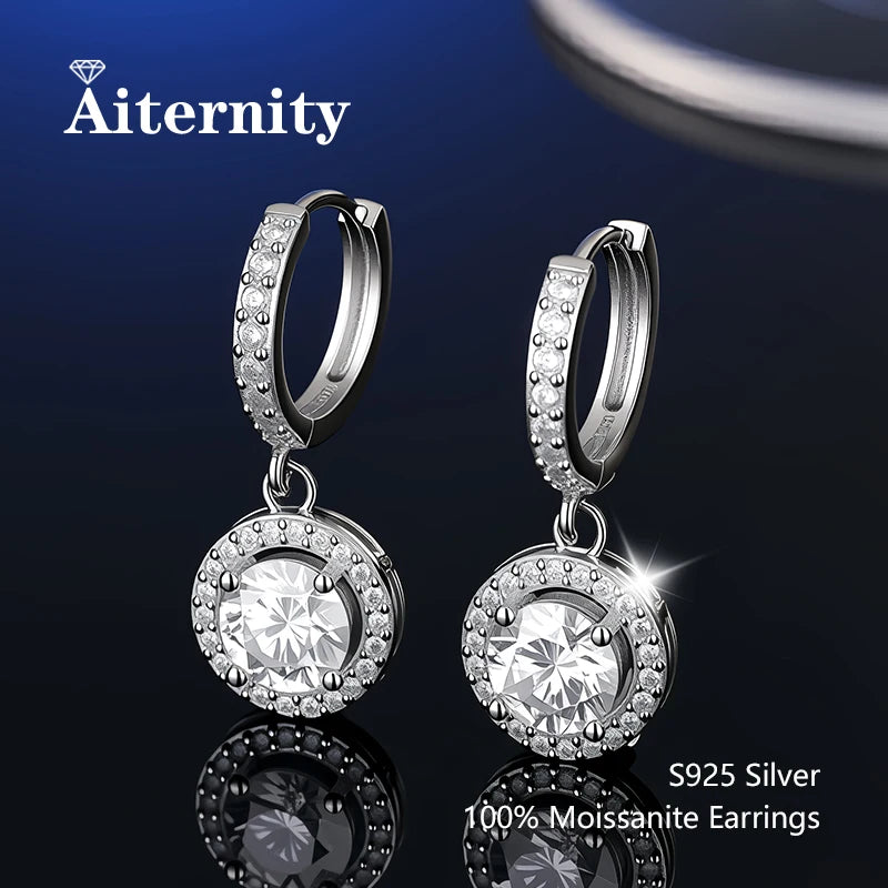 Colored Halo Moissanite Hoop Drop Earrings in Silver — White round-halo option