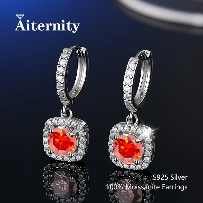 Colored Halo Moissanite Hoop Drop Earrings in Silver — Orange square-halo pair