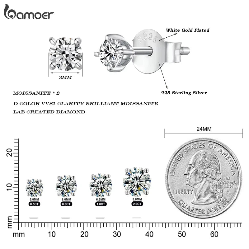 Round Moissanite Push-Back Stud Earrings in Sterling Silver - size comparison diagram