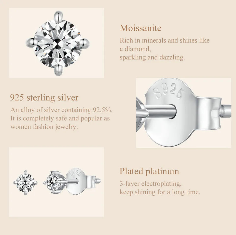Round Moissanite Push-Back Stud Earrings in Sterling Silver - stone and silver details