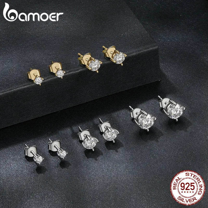 Round Moissanite Push-Back Stud Earrings in Sterling Silver - finish and size comparison