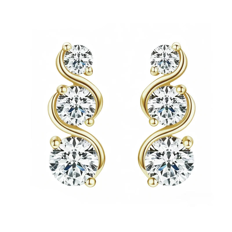 Three-Stone Twist Moissanite Stud Earrings in Sterling Silver - Gold-tone three-stone front view