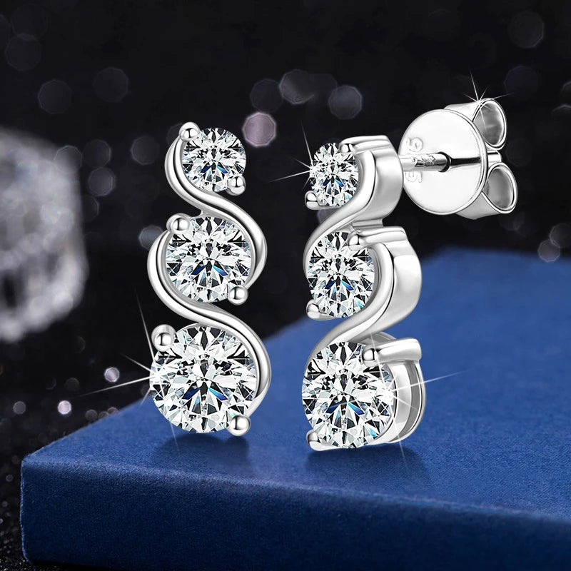 Three-Stone Twist Moissanite Stud Earrings in Sterling Silver - Silver posts and butterfly backs