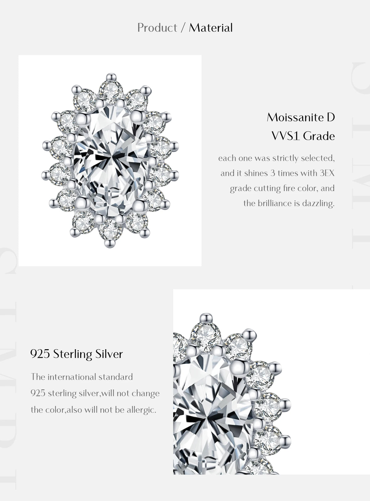 Oval Moissanite Floral Halo Stud Earrings in Sterling Silver - Stone and sterling silver details