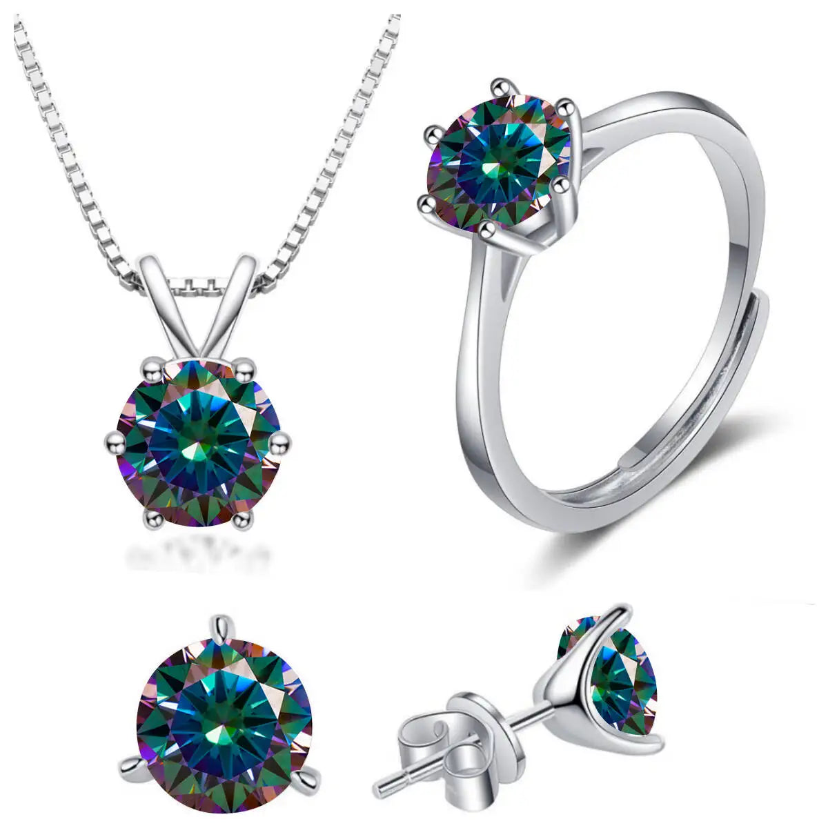 Colored Moissanite Necklace, Stud Earrings & Ring Set — Rainbow set