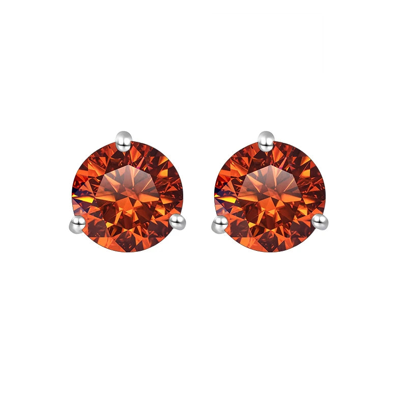 Colored Three-Prong Moissanite Stud Earrings in Sterling Silver — Orange
