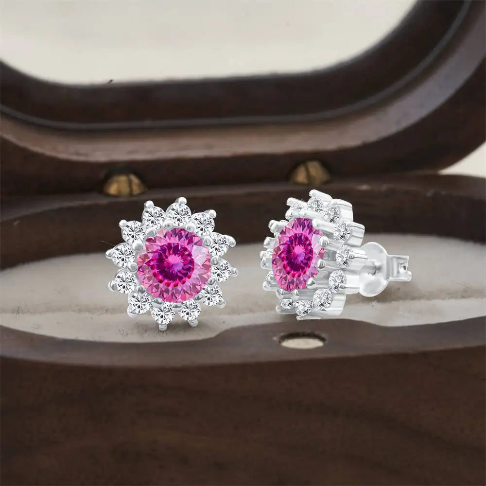 Moissanite Sunburst Halo Stud Earrings in Sterling Silver — Pink (100) — BandsCo Straps