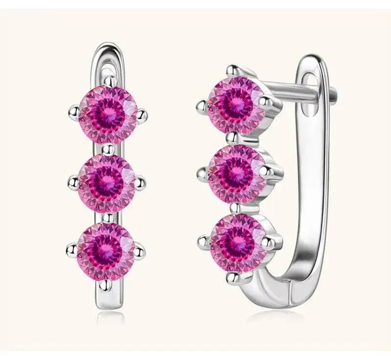 Colored Three-Stone Moissanite Hoop Earrings in Silver — Pink 100 Cut silver pair