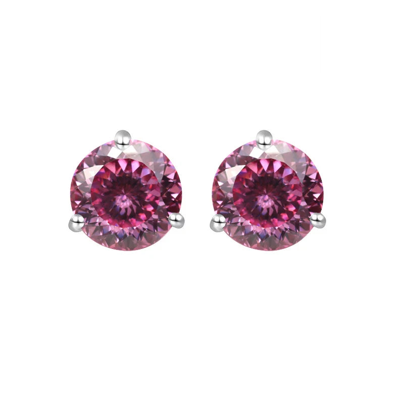 Colored Three-Prong Moissanite Stud Earrings in Sterling Silver — Pink 100-facet cut
